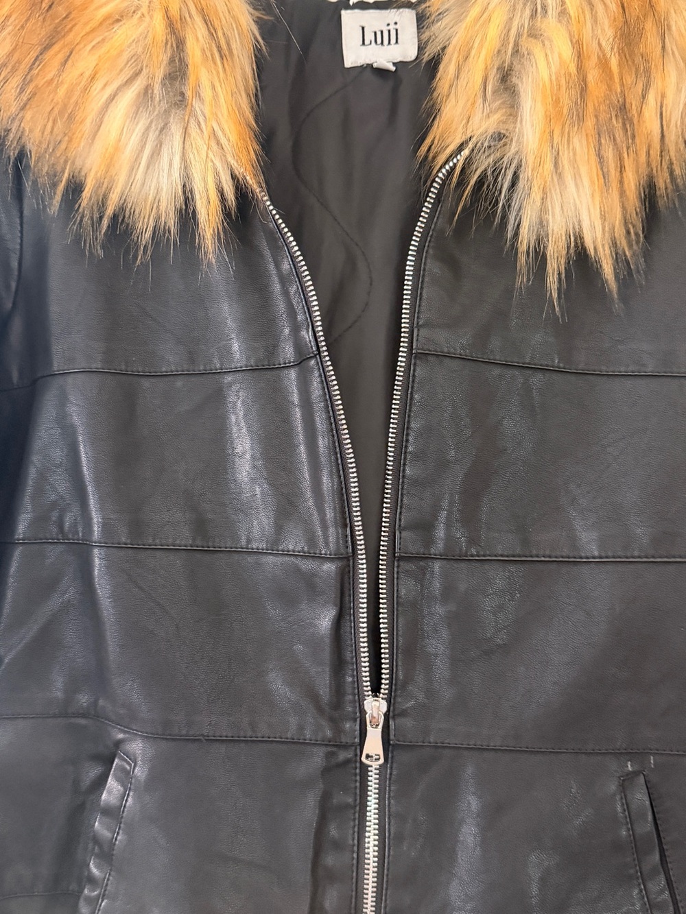 Luii Black Faux Leather Jacket with Golden-Tan Faux Fur Collar